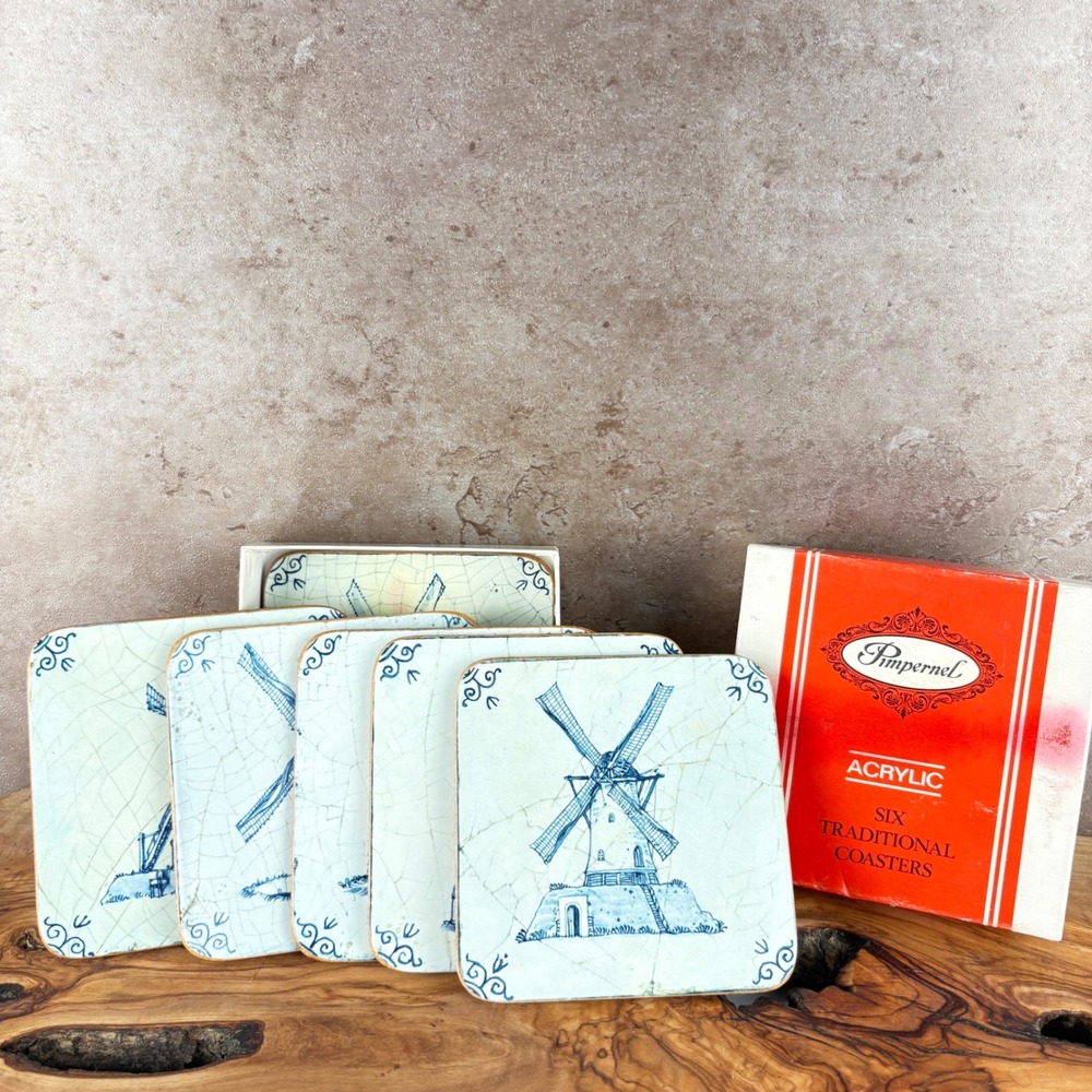 Vintage Pimpernel Windmill Acrylic Coasters Set of 6 Blue White Delft Style UK